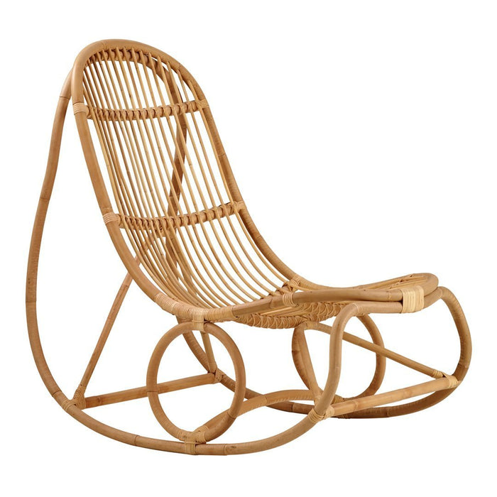 Natural rattan rocking chair featuring a curved design and open weave pattern in warm, earthy tones.