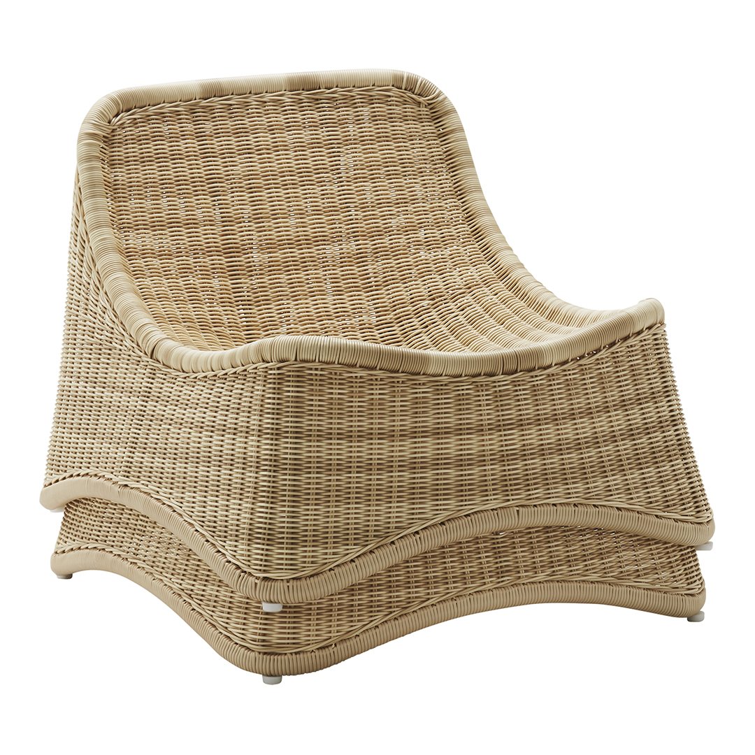 Stylish woven chair in natural beige with a smooth, curved design featuring a textured pattern.