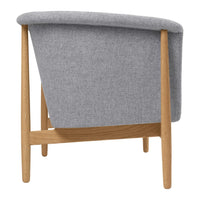 Gray upholstered chair with a smooth texture and natural wooden legs, showcasing a minimalist, modern design.