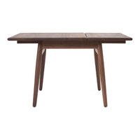 Brown wooden dining table with a sleek, minimalist design and natural wood grain pattern. Perfect for modern decor.