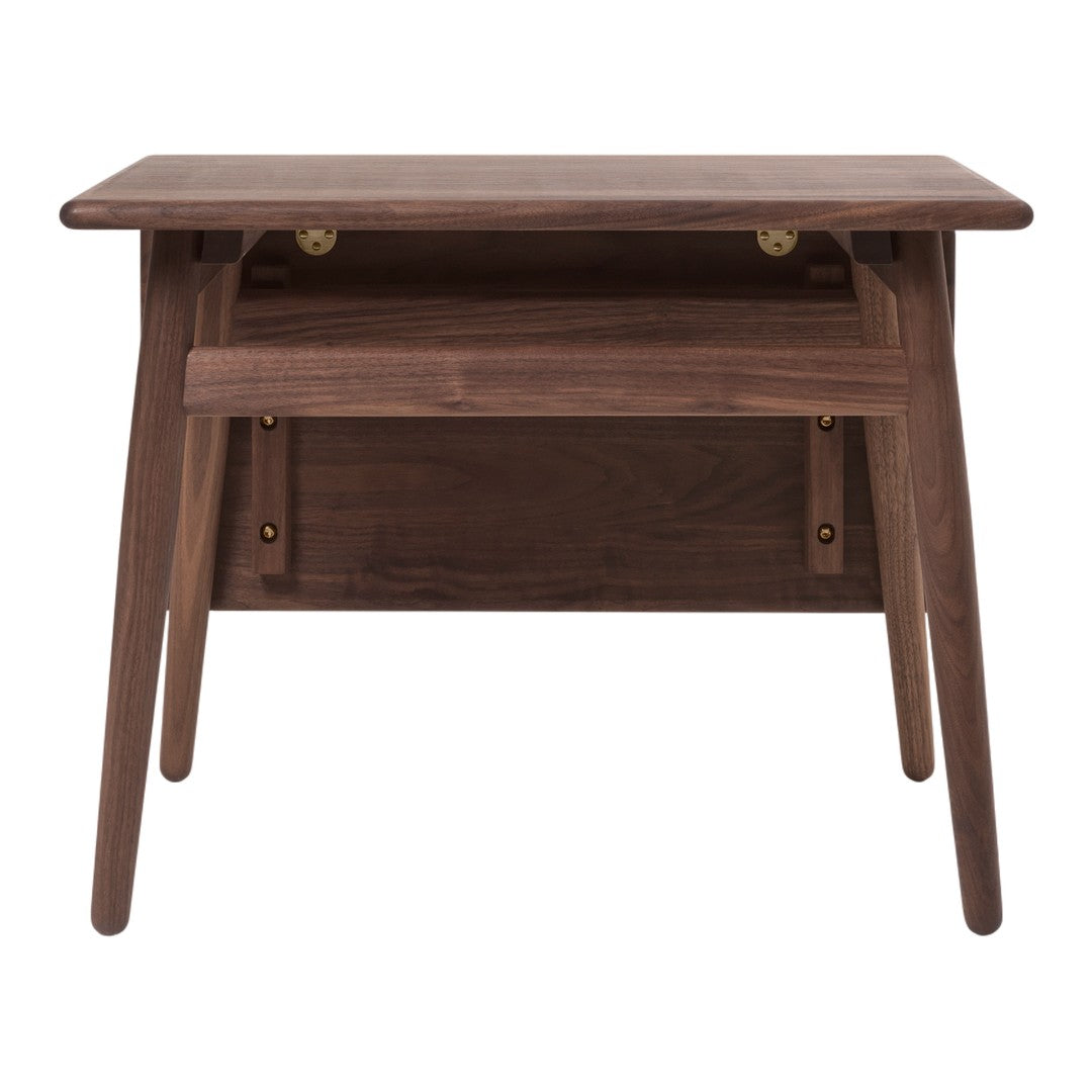 "Walnut wood side table with a smooth finish and minimalist design, featuring a sleek, modern silhouette."