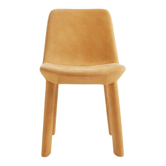 Tan upholstered chair with a smooth, minimalist design and sturdy wooden legs. Ideal for modern decor.