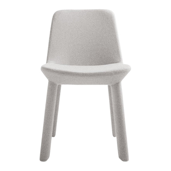 Light gray chair with a smooth, minimalist design and soft texture, featuring tapered legs for modern decor.