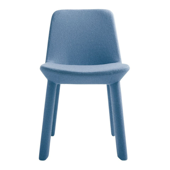 Blue upholstered chair with a smooth texture and modern design, featuring tapered legs for a contemporary look.