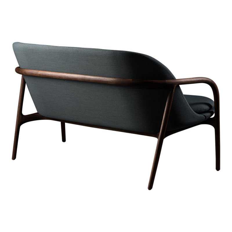 Sleek gray fabric sofa with a minimalist design and warm wooden frame, perfect for modern interiors.
