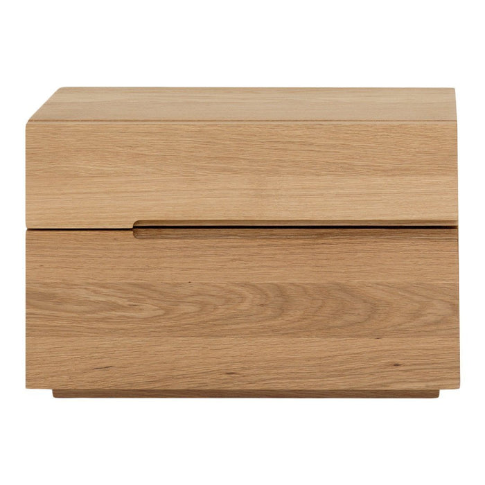 Light oak wood nightstand featuring a sleek, minimalist design with smooth surfaces and subtle wood grain patterns.