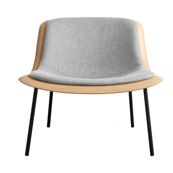 Minimalist gray upholstered chair with light wood accents and sleek black legs. Perfect for modern decor.