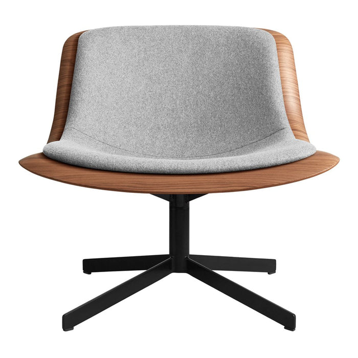 Gray upholstered chair with a wooden backrest and a black metal base, featuring a sleek modern design.