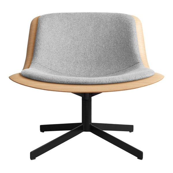 Gray upholstered chair with a light wood backrest and a sleek black metal base, featuring a modern minimalist design.
