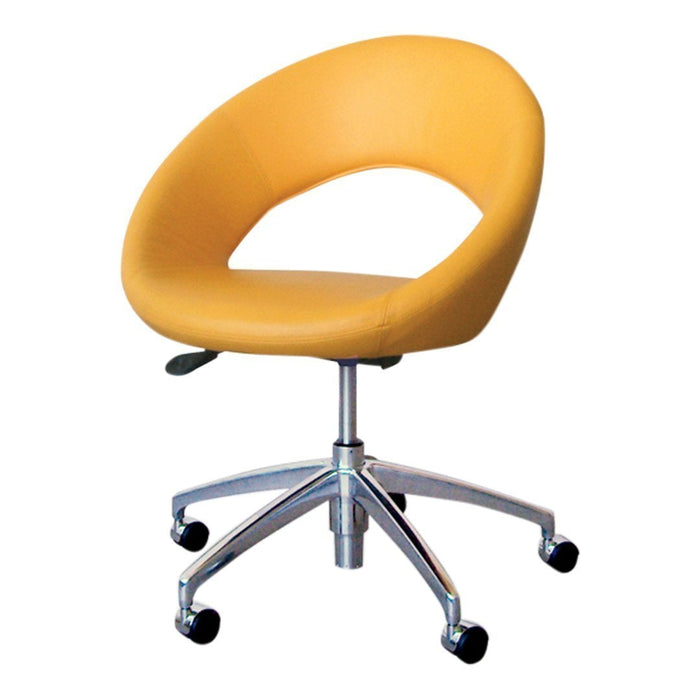 Stylish yellow swivel chair with smooth, rounded design and chrome base, perfect for modern workspaces.