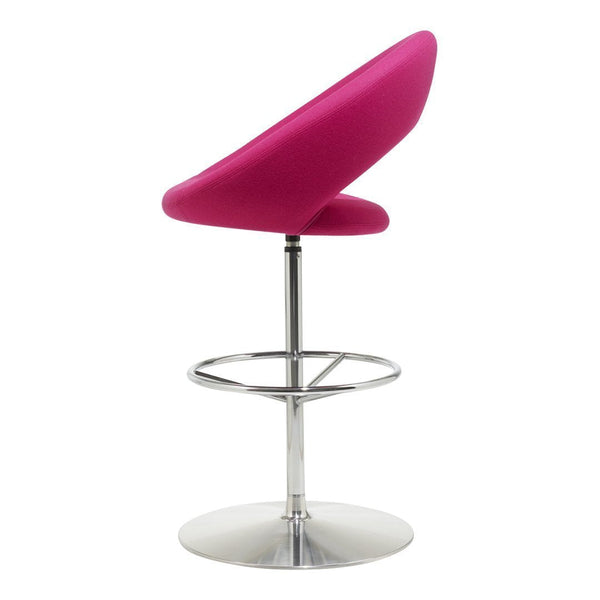 Pink bar stool with a sleek design and chrome base, featuring a modern curved shape.