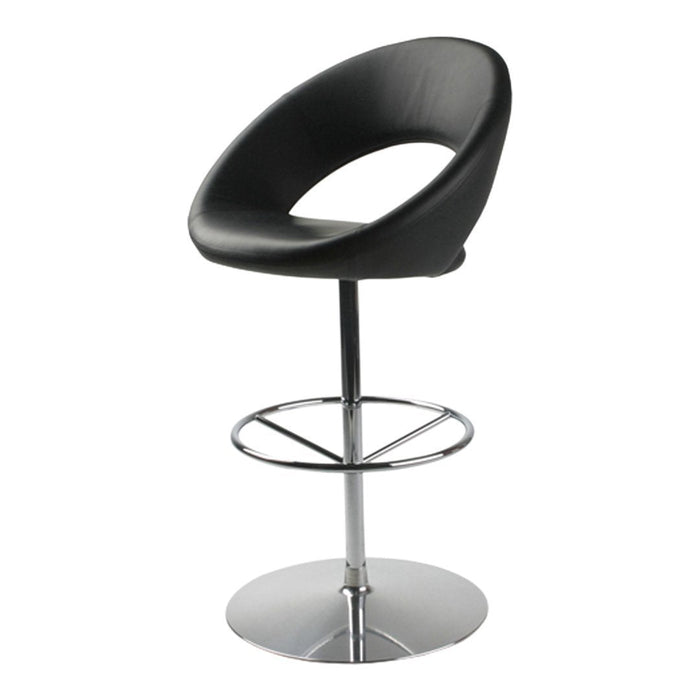 Black modern bar stool with a sleek curved design and chrome base, perfect for contemporary spaces.