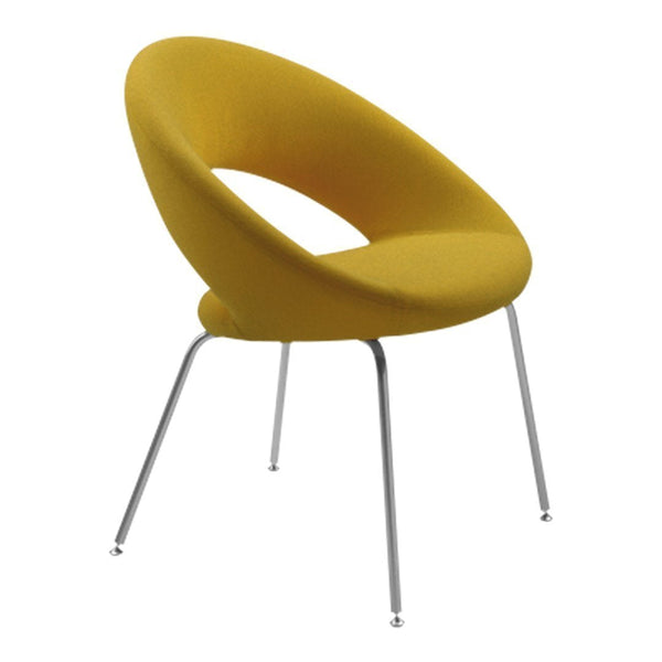 Yellow modern chair with a unique curved design and sleek chrome legs, perfect for adding a pop of color to any space.