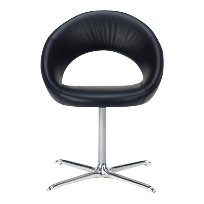Black leather swivel chair with a sleek, contemporary design and ribbed detailing on a polished chrome base.