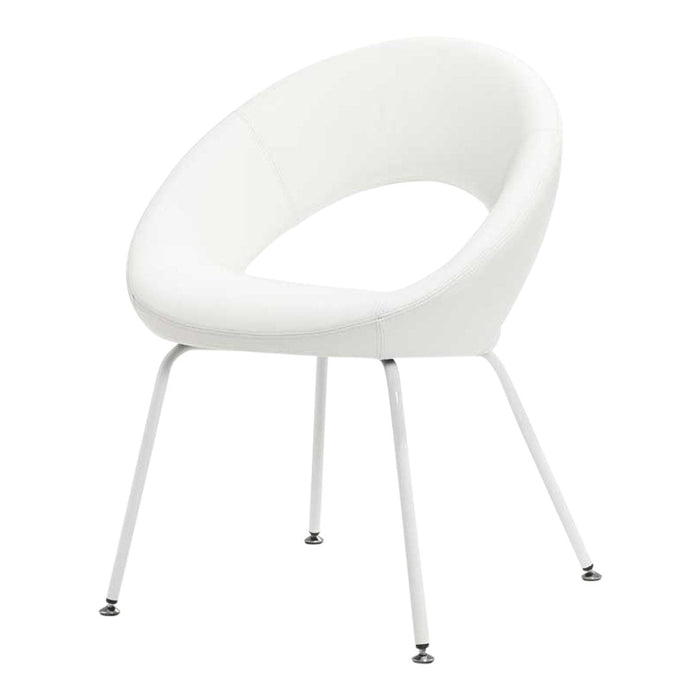 White curved chair with a sleek metallic base, perfect for modern decor and minimalist aesthetics.