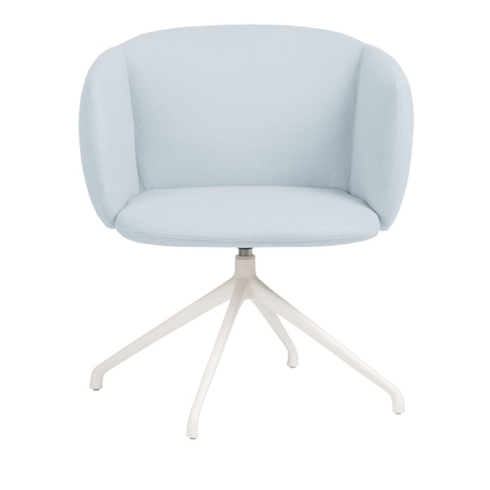 Soft blue upholstered chair with a sleek white base, featuring a smooth, minimalist design.