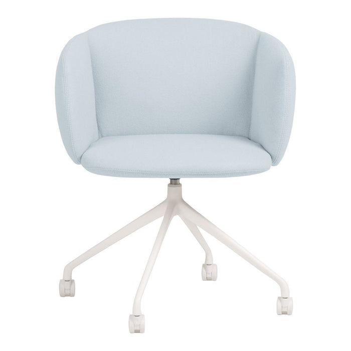 Light blue upholstered chair with a smooth, modern design and white swivel base. Perfect for stylish office spaces.