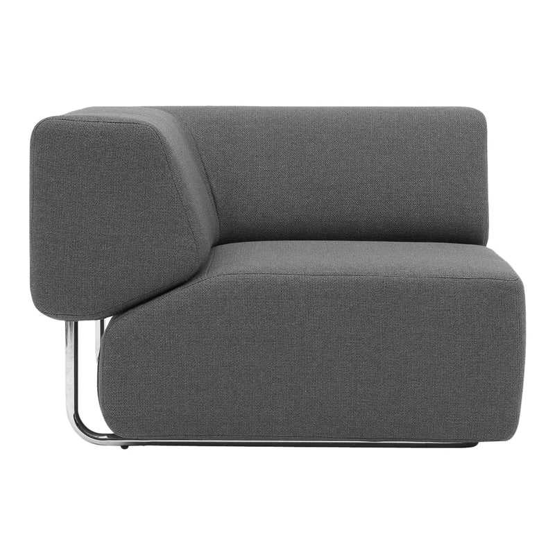 Modern gray sofa with textured fabric and geometric design, featuring a sleek chrome base. Perfect for contemporary decor.