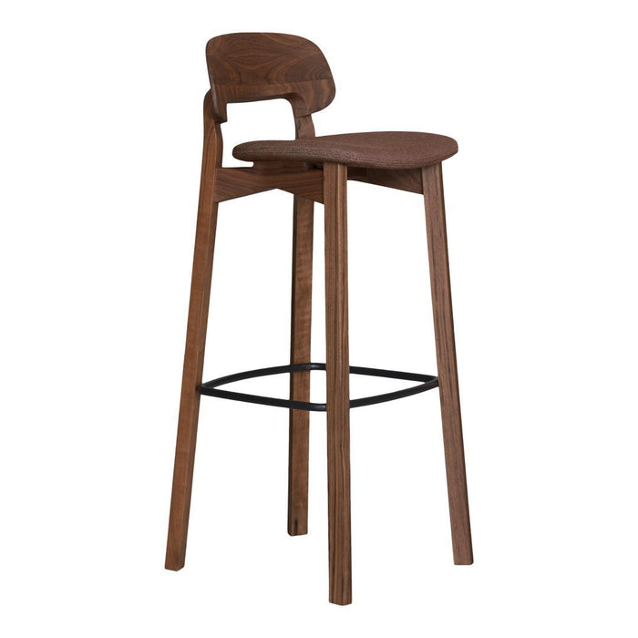 Wooden bar stool in rich brown with a sleek design and minimal black metal footrest. Ideal for modern decor.