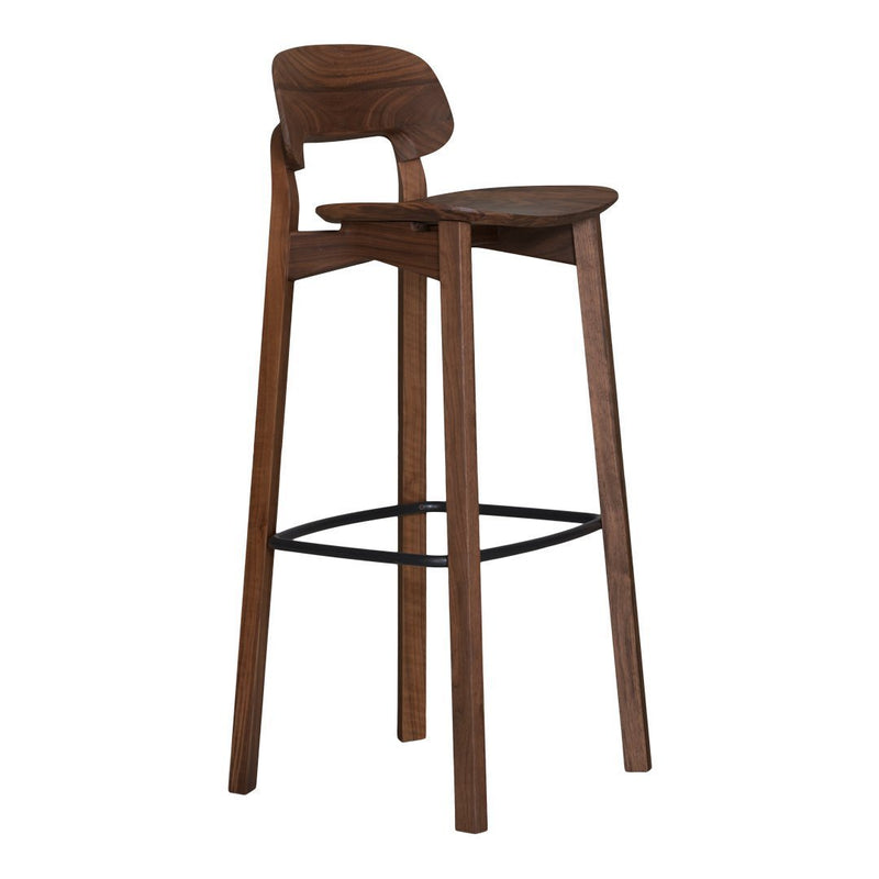 Wooden bar stool in rich walnut finish with sleek, minimalist design and black metal footrest.