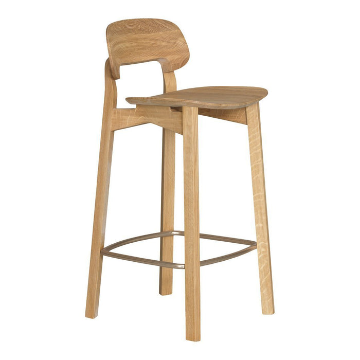 Natural wood bar stool with a light oak finish and smooth design, featuring simple lines and a minimalist style.