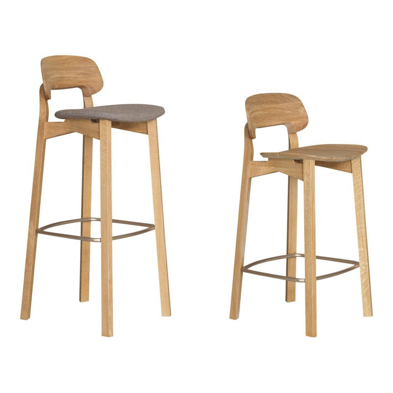 Natural wood finish with a contrasting gray cushioned seat; sleek, minimalist design ideal for modern spaces.