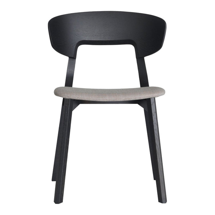 Black wooden chair with a minimalist design and a light gray upholstered seat. Clean lines and modern aesthetics.