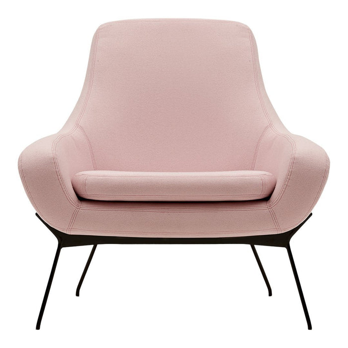 Soft pink fabric armchair with a minimalist design and sleek black metal legs. Perfect for modern decor.
