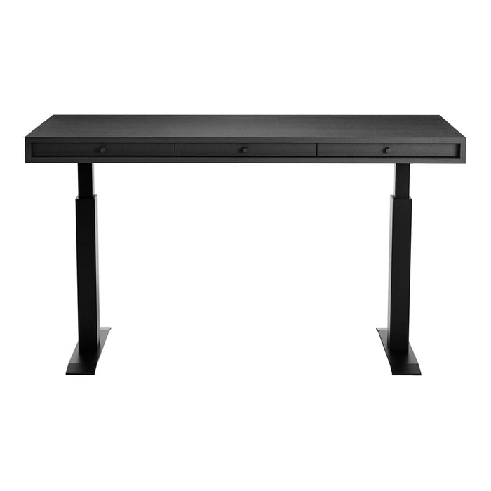 Sleek black desk with a minimalist design and smooth, matte finish, featuring clean lines and subtle drawer accents.