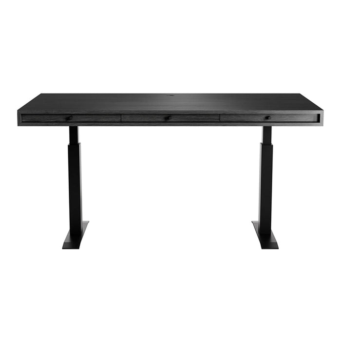 Sleek black standing desk with a glossy finish and minimalist design, perfect for modern office spaces.