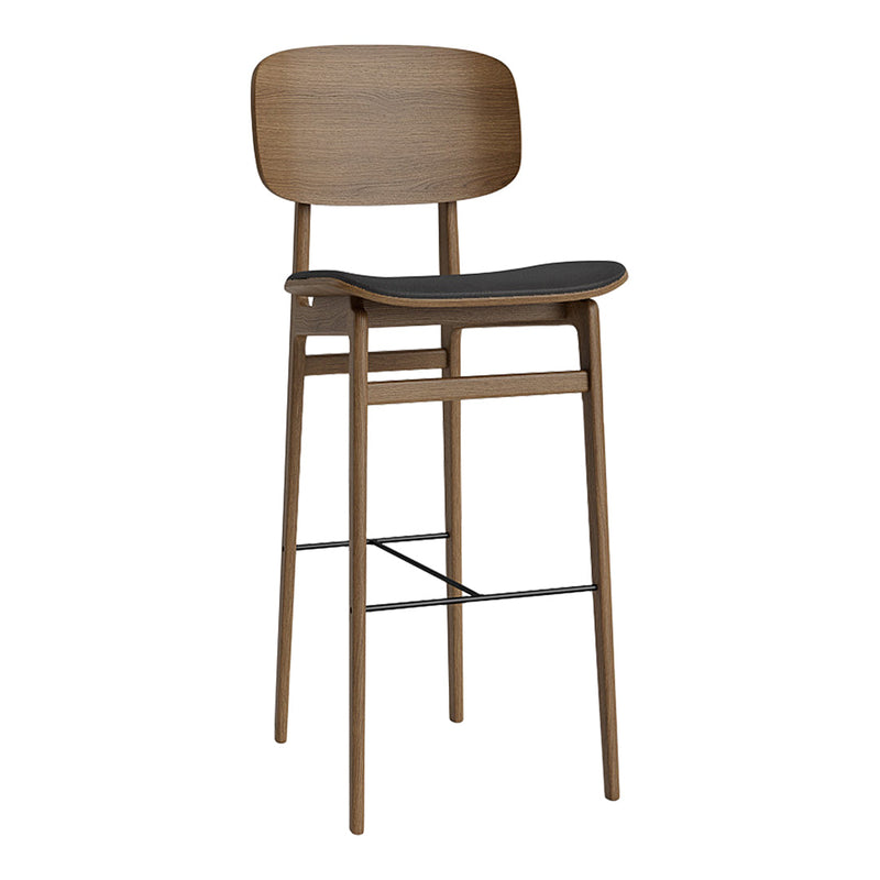Wooden bar stool with a sleek, natural walnut finish and a contrasting black seat, featuring a minimalist design.