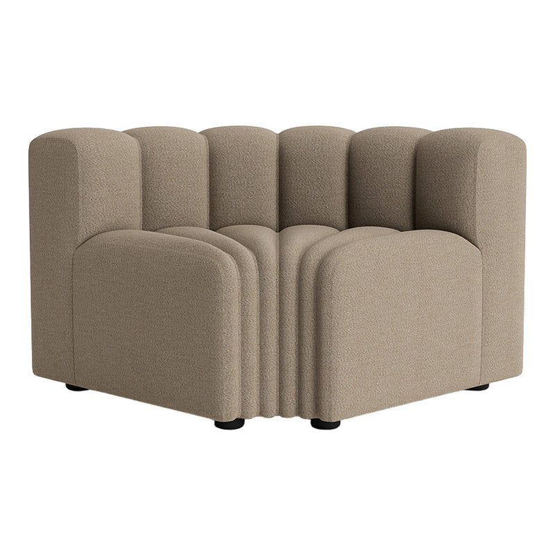 Beige curved sectional sofa with a modern ribbed pattern, featuring a soft, textured fabric finish.