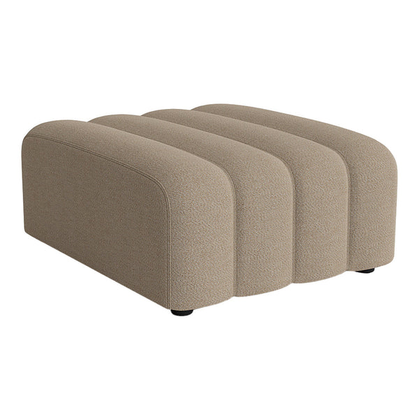 Beige, textured ottoman with curved lines and a modern design, perfect for contemporary decor.