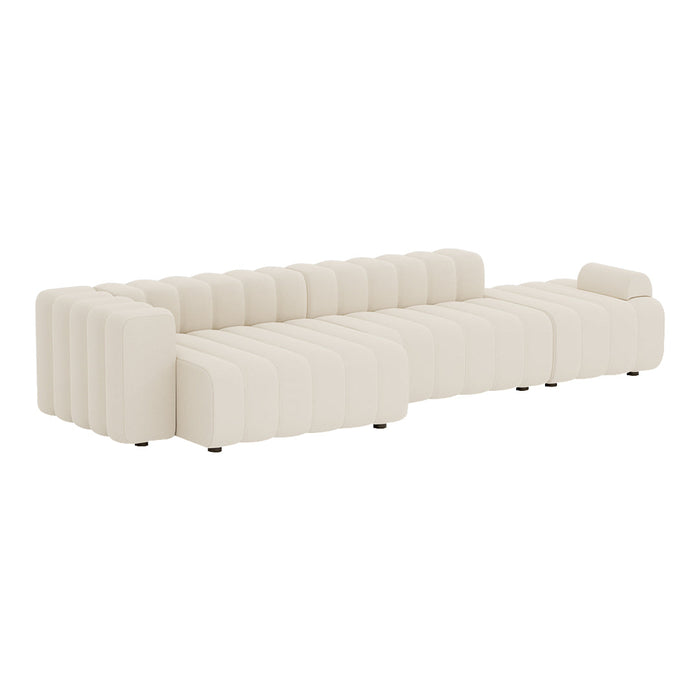 Beige tufted sofa with a modern, minimalist design, featuring horizontal stripe patterns. Perfect for stylish interiors.