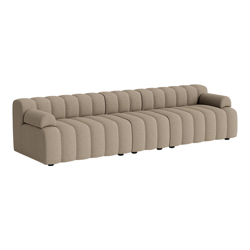Beige upholstered sofa with a quilted design and subtle ribbed pattern for a modern, stylish look.