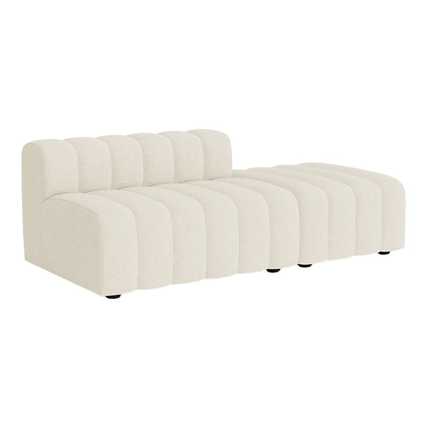 Beige ribbed fabric sectional sofa with smooth, modern lines and minimalist design. Suitable for any contemporary space.