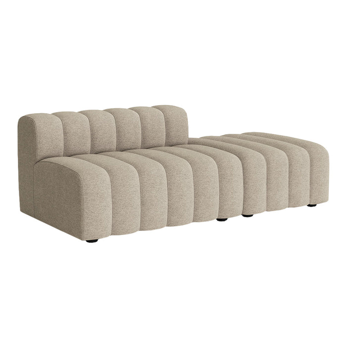 Beige tufted sectional sofa with soft horizontal ribbed pattern for a modern, stylish look.