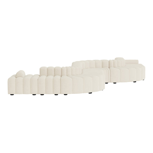 Creamy beige curved sectional sofa with a soft, textured pattern, perfect for modern living spaces.