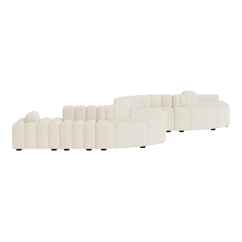 Creamy beige curved sectional sofa with a soft, textured pattern, perfect for modern living spaces.