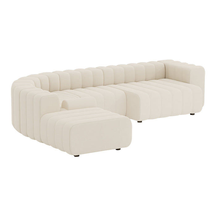Cream curved sectional sofa with ribbed upholstery and black feet. Elegant minimalist design enhances any living space.