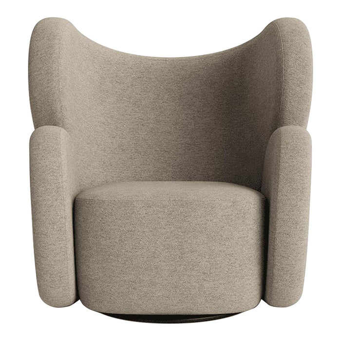 "Soft beige swivel chair with a smooth, minimalist design and rounded, padded arms for comfort."