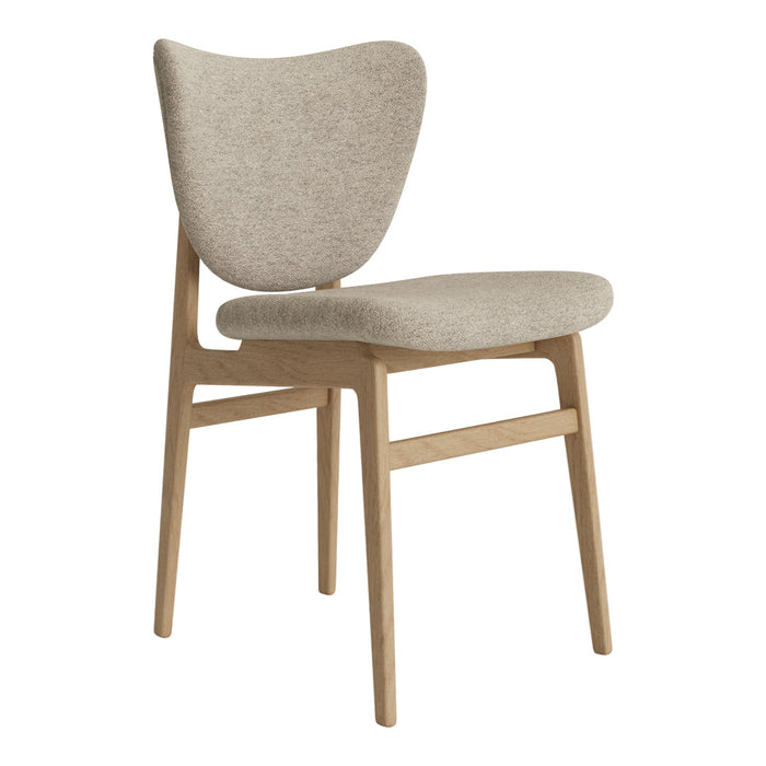 Light beige upholstered chair with a smooth, curved back and natural wood legs, featuring a minimalist design.