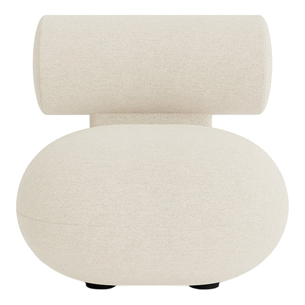 Light beige upholstered chair with a contemporary round shape and unique cylindrical backrest.