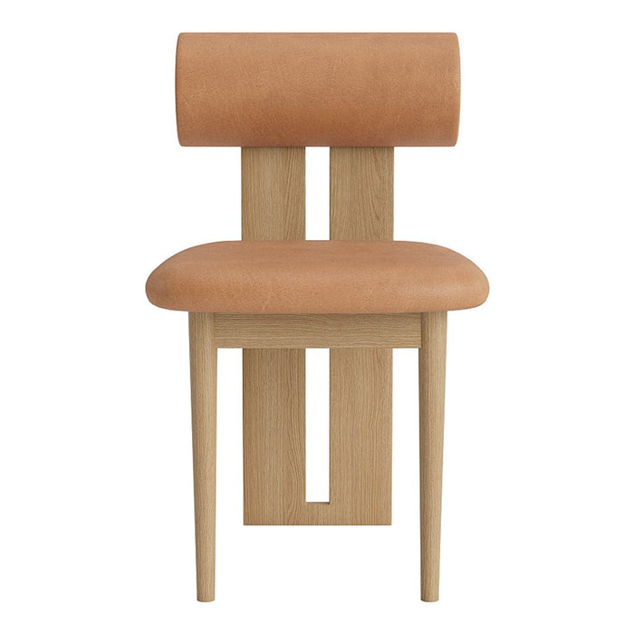 Stylish chair featuring a warm, tan upholstery and a minimalist wooden base with geometric cutouts.
