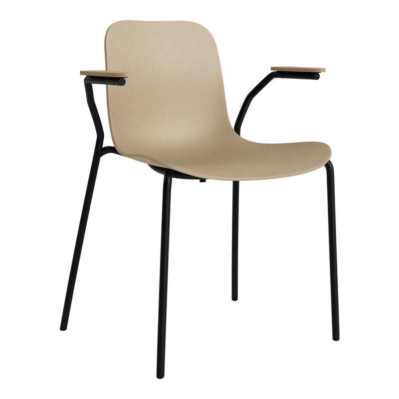 Beige chair with black metal legs and armrests, featuring a sleek, modern design and smooth, clean lines.