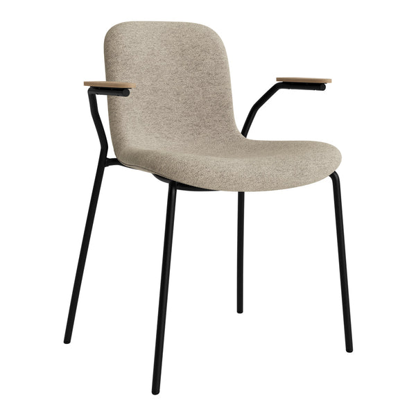 Beige upholstered chair with black metal legs and wooden armrests. Minimalist design with a smooth, modern finish.