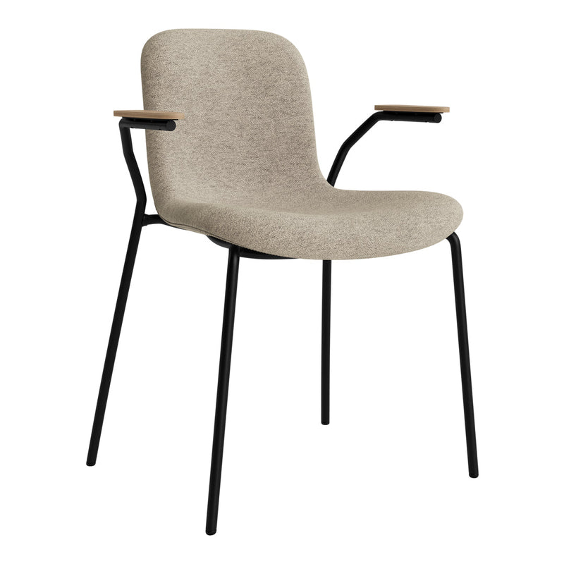 Beige upholstered chair with black metal legs and wooden armrests. Minimalist design with a smooth, modern finish.