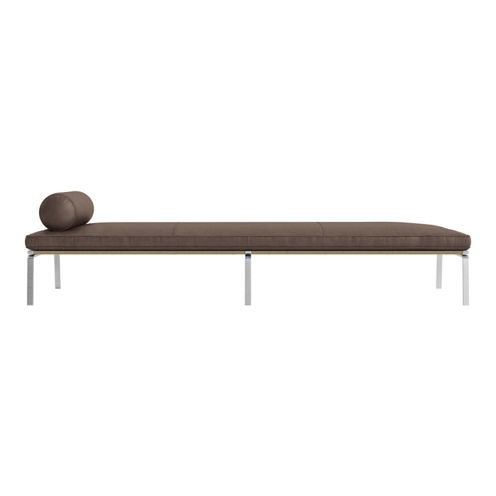 Brown upholstered daybed with a cylindrical bolster pillow and sleek silver legs. Perfect for modern interiors.