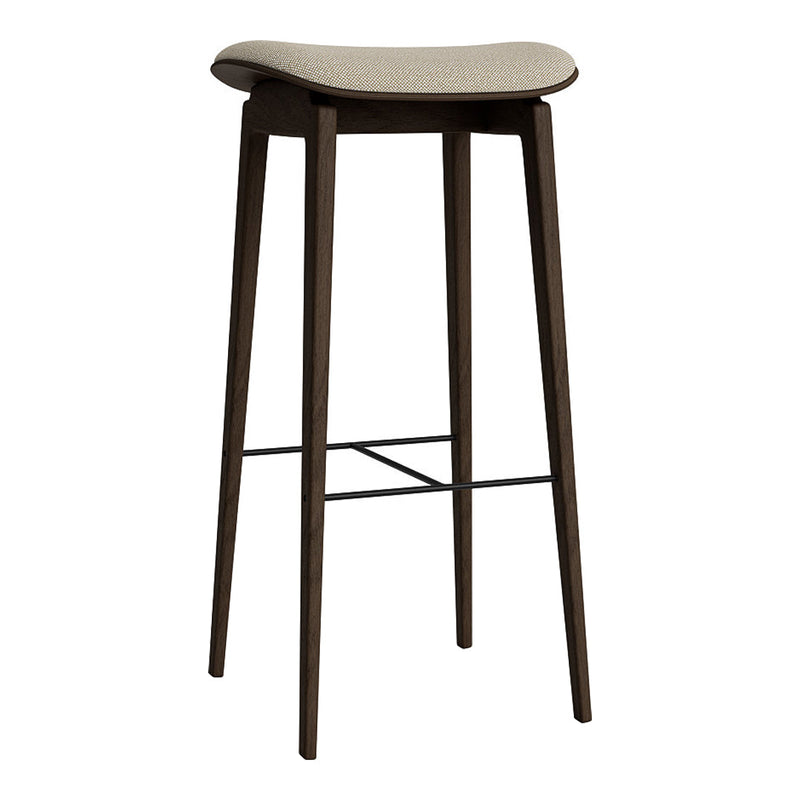 Stylish bar stool featuring a brown wooden frame and a light beige upholstered seat. Perfect for contemporary decor.