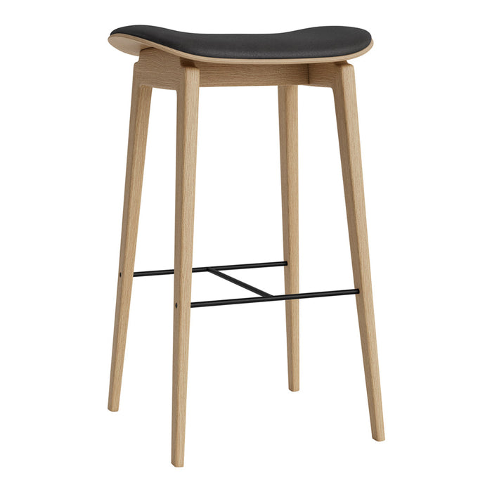 Modern bar stool with a sleek black seat and natural wood legs, featuring a minimalist design.